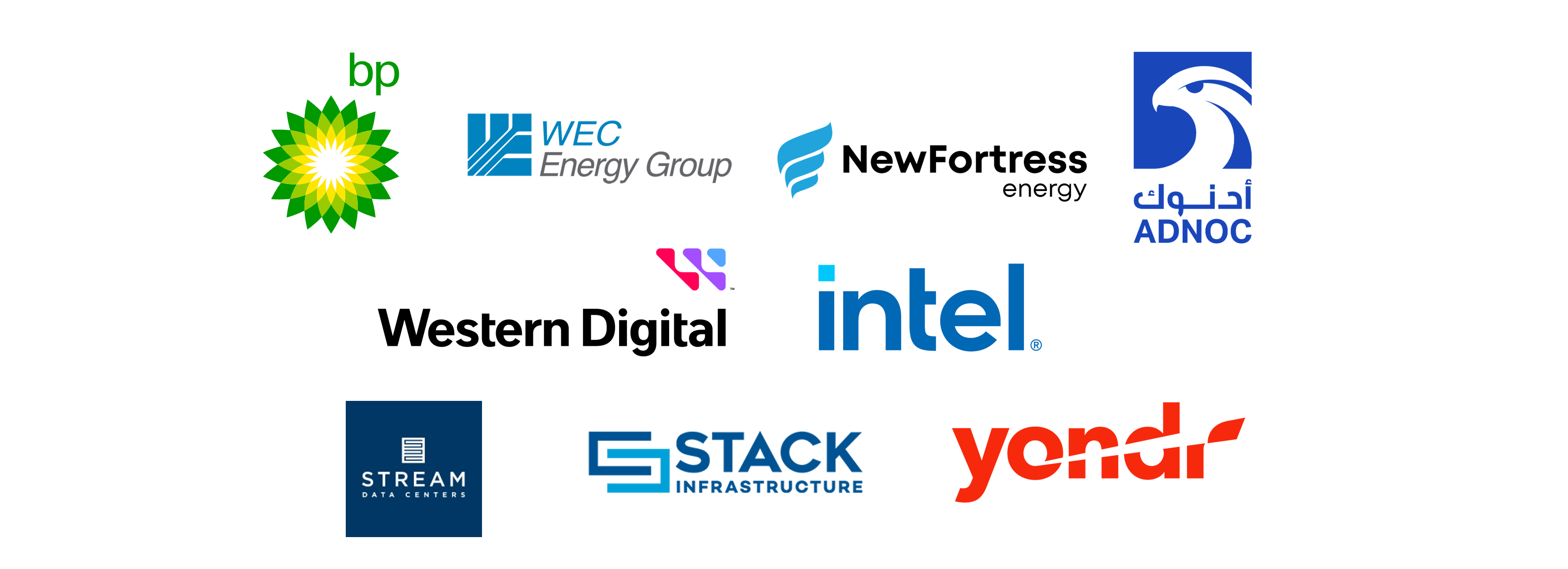 company logos: BP, WEC Energy Group, New Fortress Energy, ADNOC, Western Digital, Intel, Stream Data Centers, STACK, Yondr