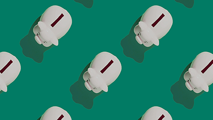Diagonal pattern of white piggy banks with coin slots on a green background. Symbolizes savings and retirement, reflecting Apollo’s focus on retirement solutions and alternative investments.